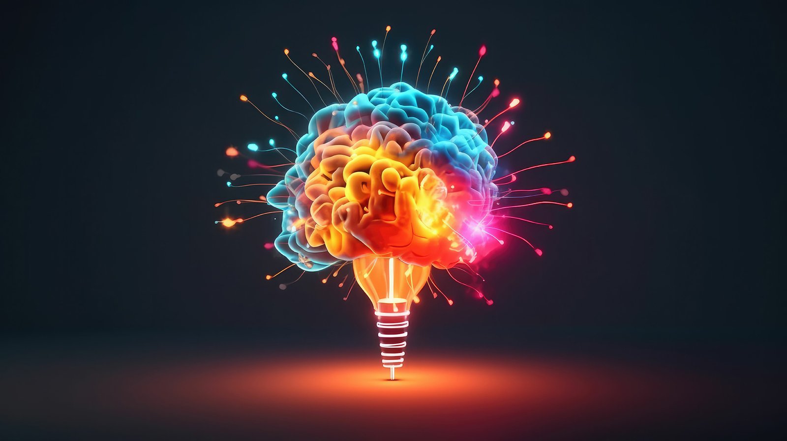 Colorful brain illustration with vibrant light bursts, symbolizing creativity and idea generation for podcast development.