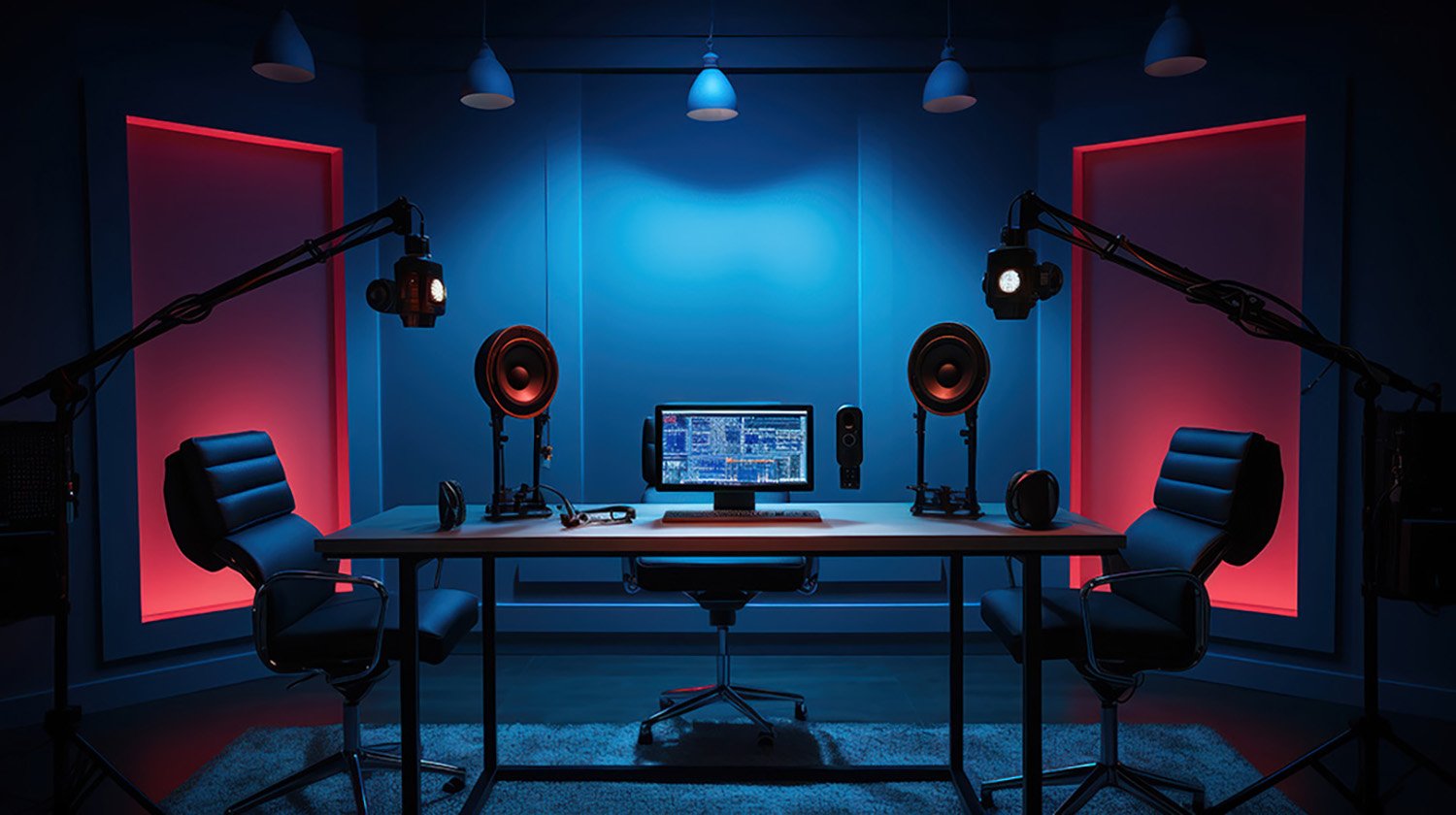 Podcast studio setup featuring a desk with a computer, studio monitors, and professional lighting, emphasizing high-quality sound production for podcasting.