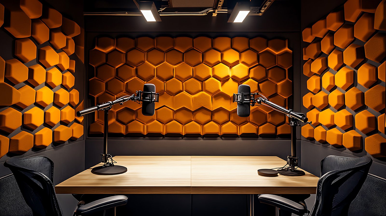 Podcast recording studio featuring orange hexagonal acoustic panels, dual microphones on adjustable arms, and a wooden table, illustrating the professional environment for full-service podcast production.