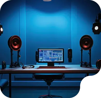 Podcast recording studio setup with a computer, audio monitors, and professional lighting, featuring a blue backdrop and equipped for high-quality audio production.