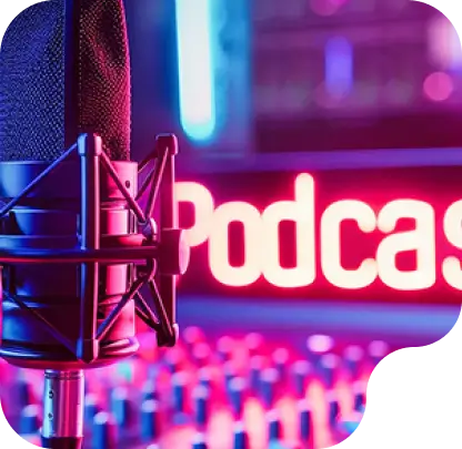 Microphone in front of illuminated "Podcast" sign, showcasing a professional podcasting setup in a studio environment, emphasizing high-quality recording and production services.