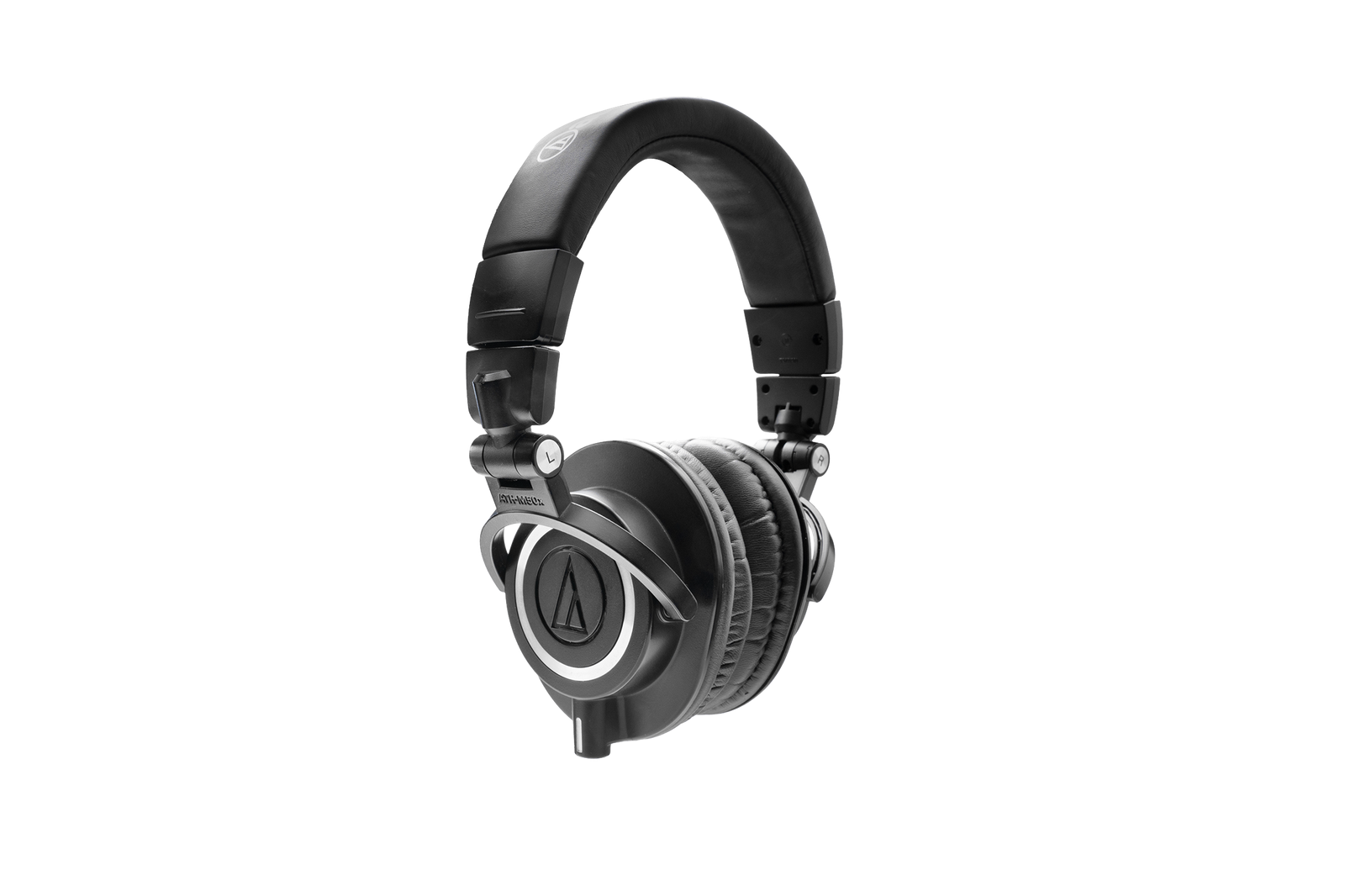 Audio-Technica ATH-M50X closed-back headphones for professional audio monitoring in podcasting.