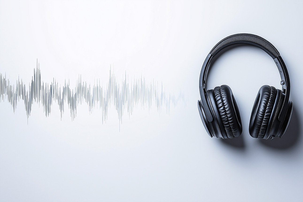 Headphones with closed-back design next to audio waveform, symbolizing accurate sound monitoring for podcasting.
