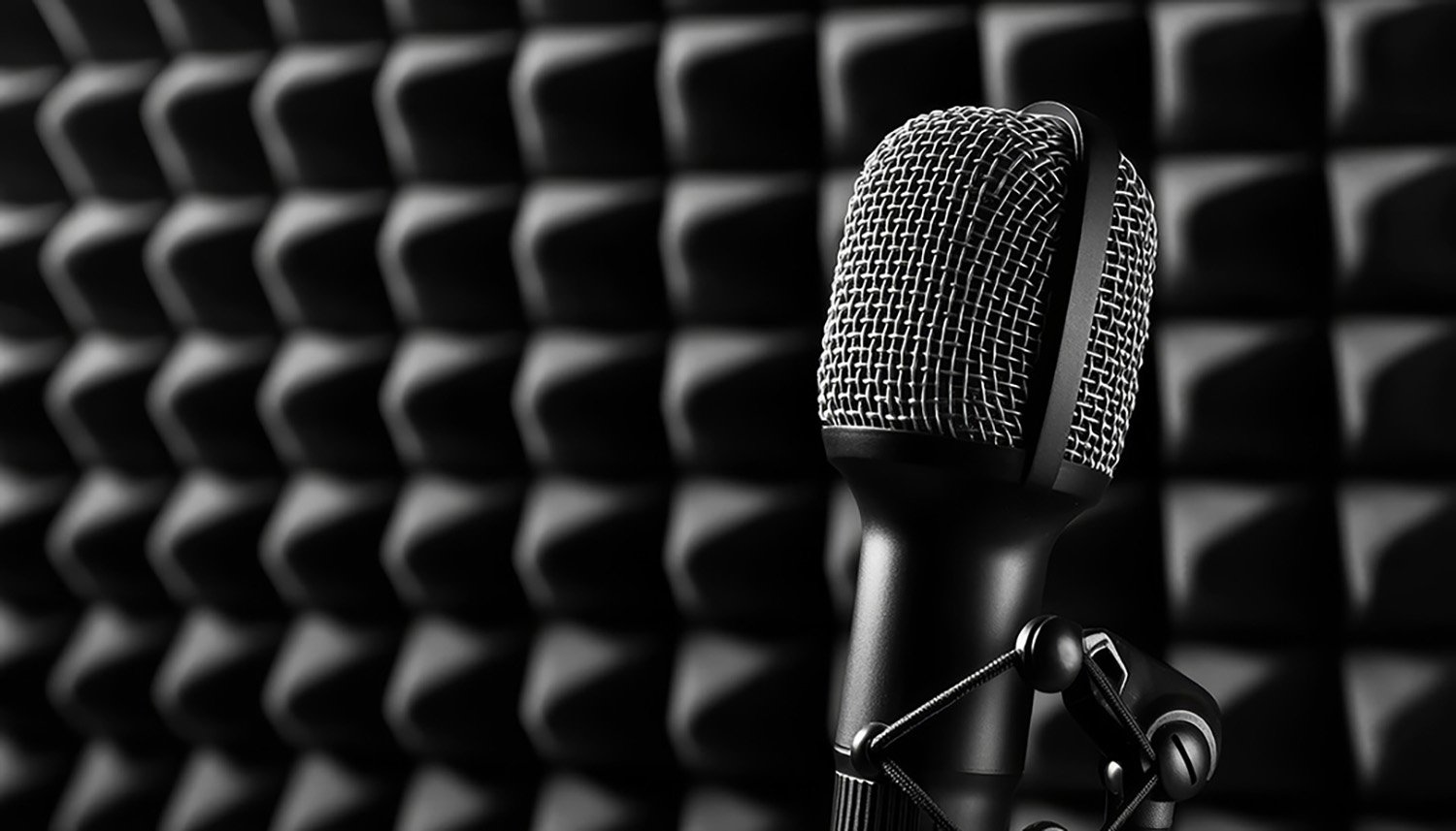Microphone in front of soundproof acoustic panels, emphasizing high-quality audio equipment for podcasting.