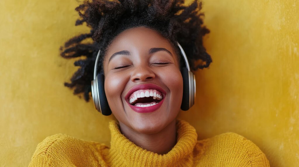 Smiling woman wearing headphones against a yellow background, enjoying podcasting and audio content, reflecting the joy of engaging with stories and ideas.
