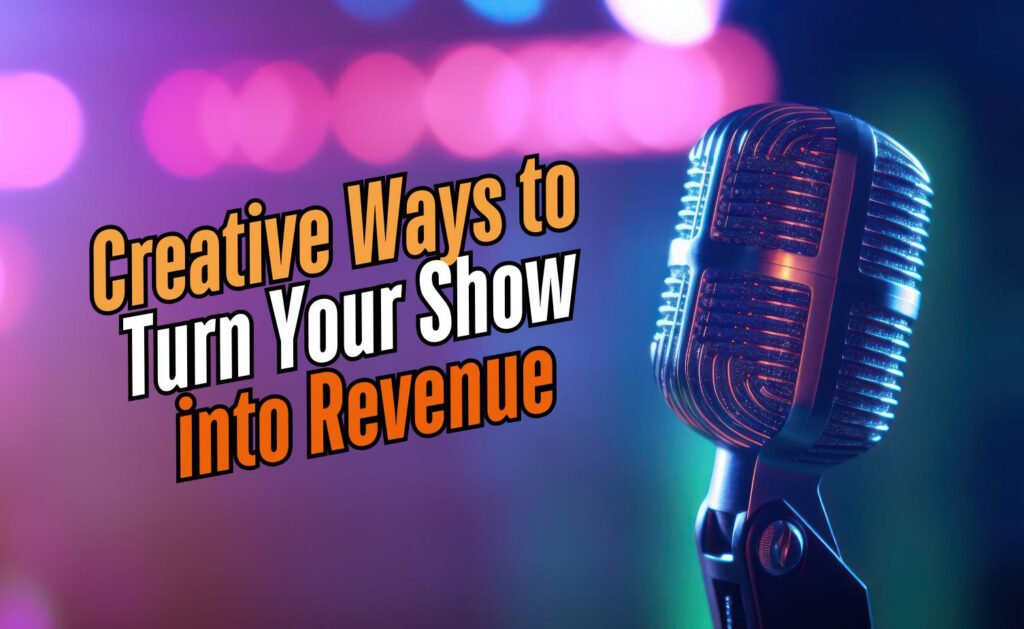 Creative ways to turn your podcast into revenue featuring a vintage microphone against a colorful blurred background.