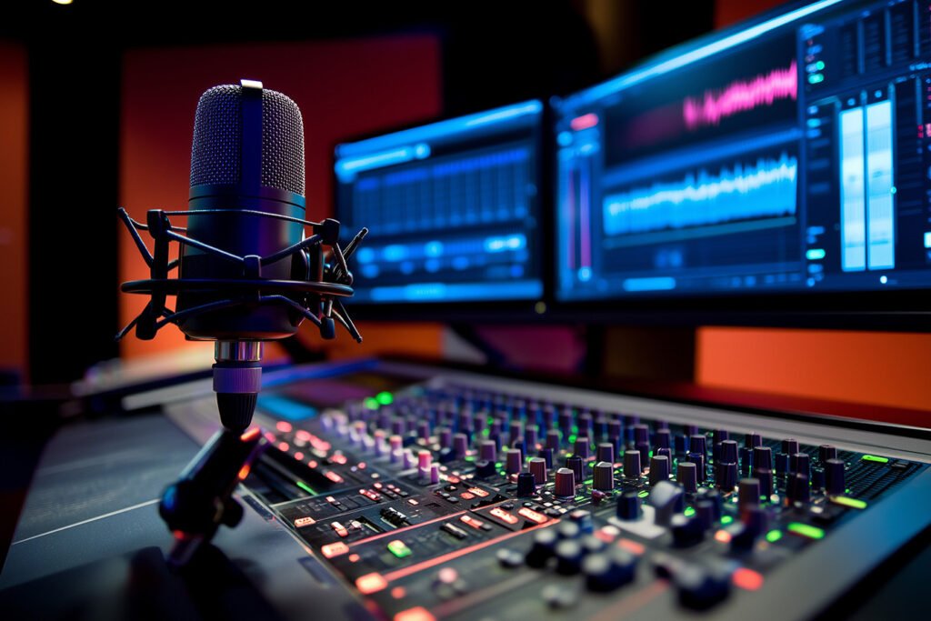 Microphone on a professional podcasting mixer with dual monitors displaying audio waveforms and editing software, illustrating essential podcasting equipment for content creators.