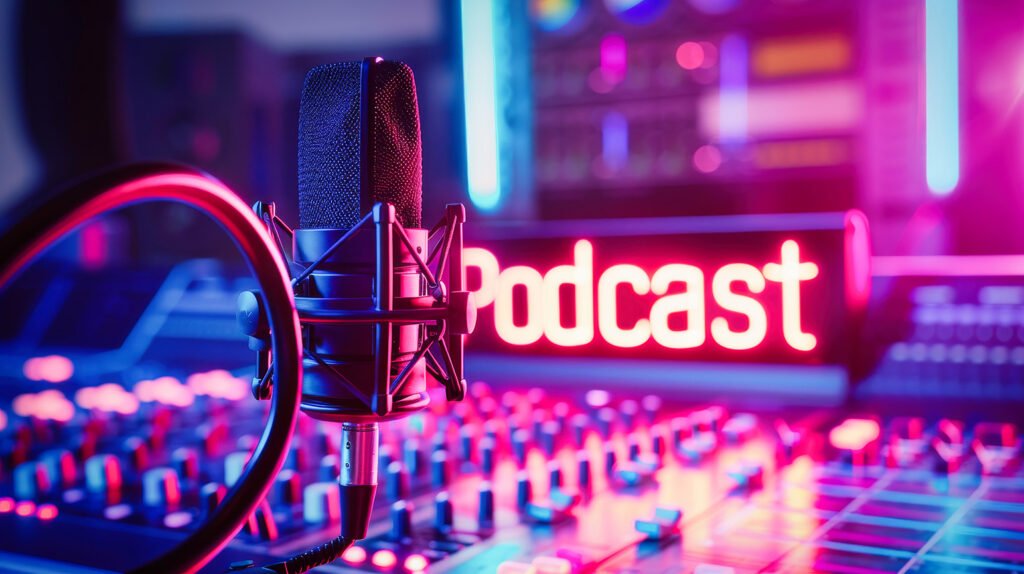 Microphone in a professional podcast studio with illuminated "Podcast" sign and audio mixing equipment, emphasizing high-quality sound for engaging podcast recordings.