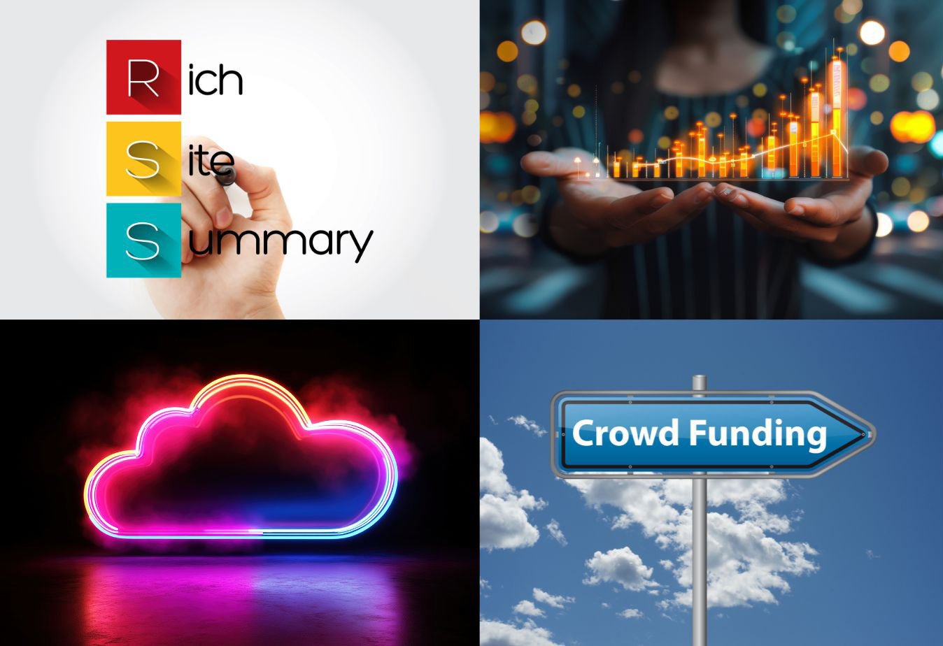 Rich Site Summary (RSS) concept with colorful blocks, hands holding data visualization, neon cloud symbolizing storage, and a signpost indicating crowdfunding, relevant to podcast distribution and marketing strategies.