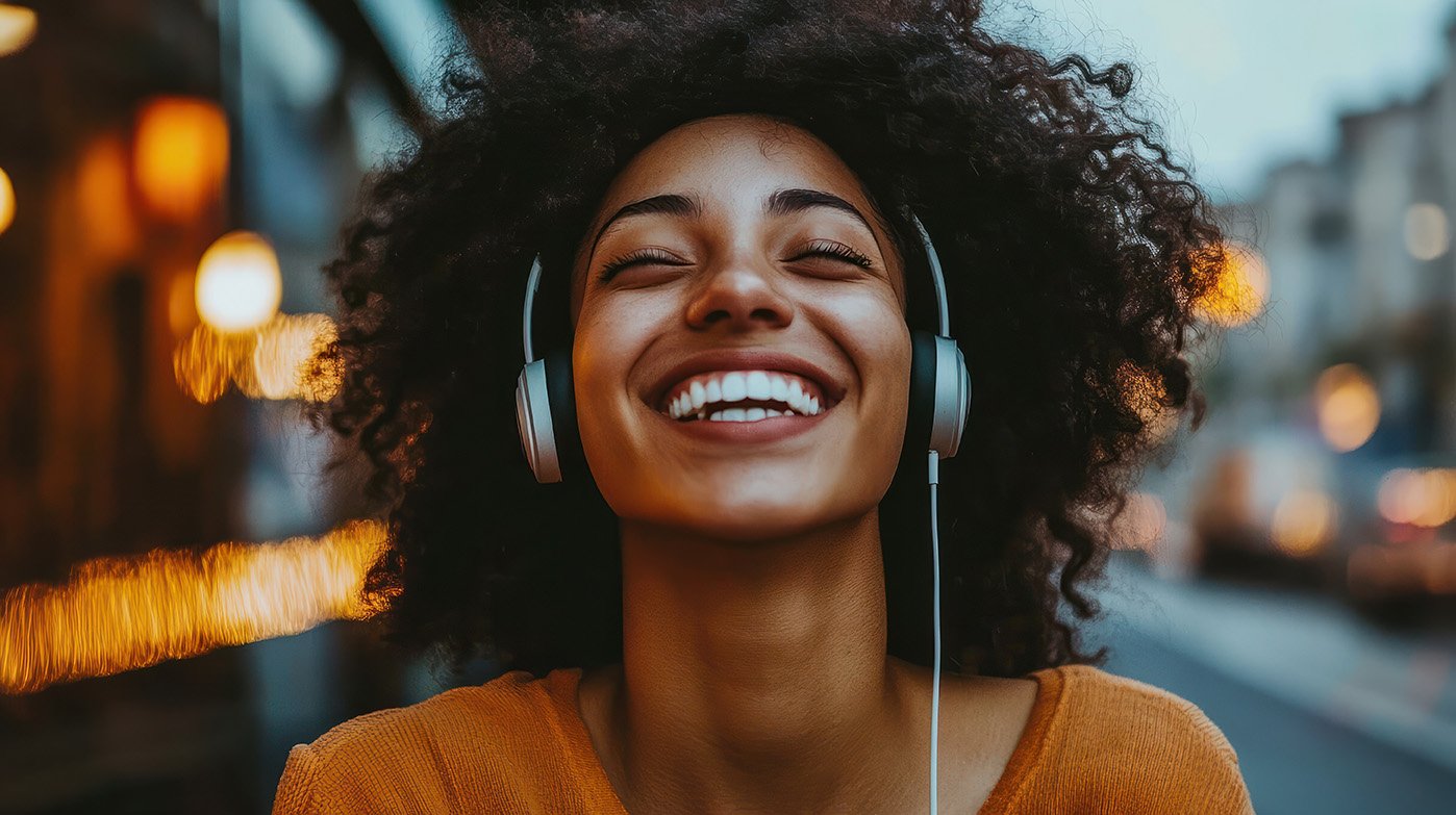 A person laughing with joy listening to a personal growth podcast that offers lighthearted and relatable insights on finding happiness and fulfillment.