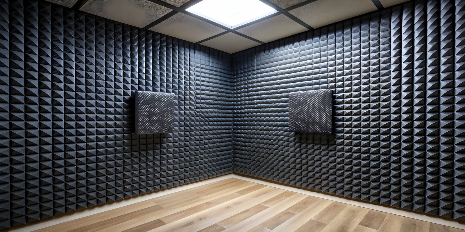 Soundproof podcast studio featuring acoustic treatment with pyramid foam panels, designed to eliminate echoes and background noise, enhancing audio quality for recordings.