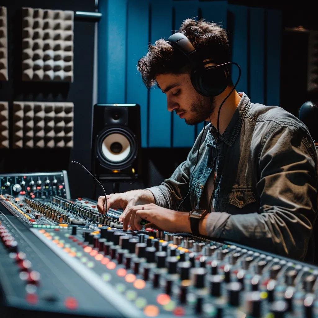 Sound engineer adjusting audio levels in a professional podcast studio