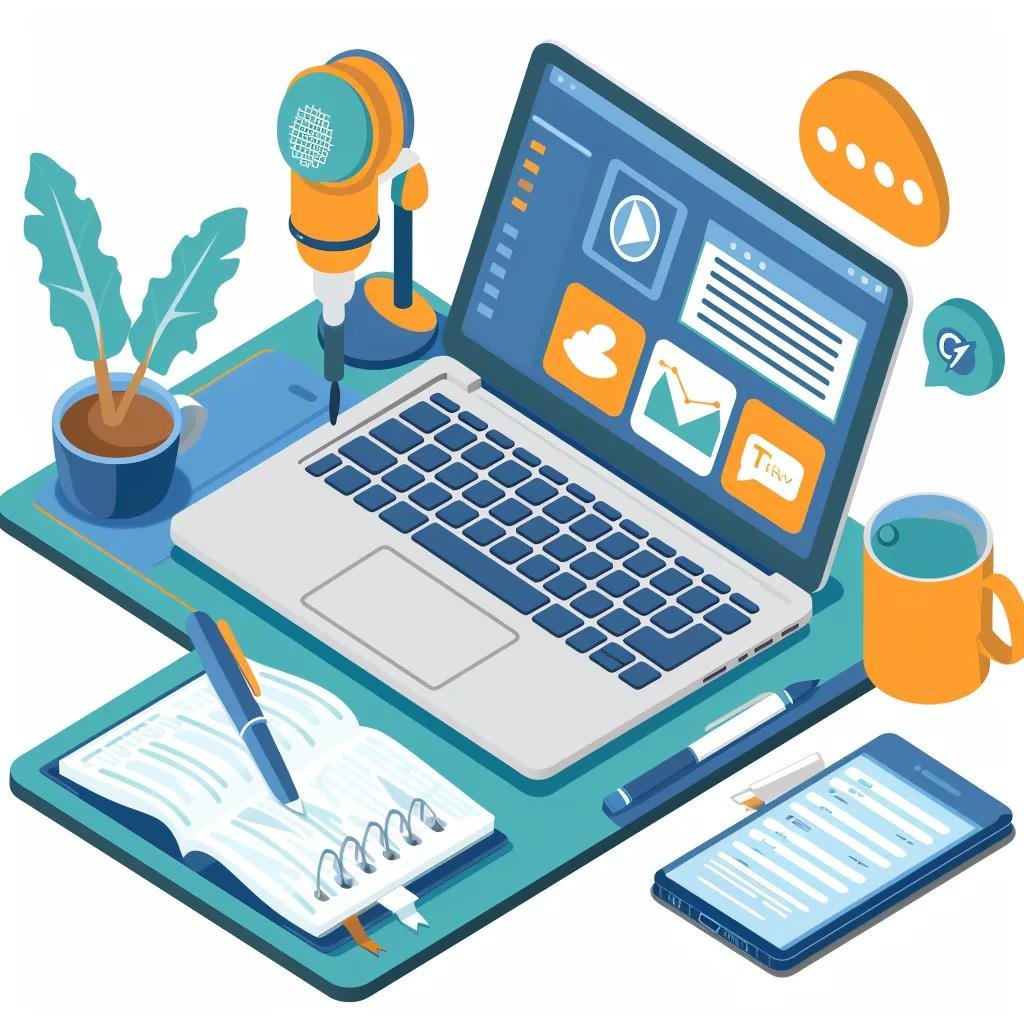 Dynamic workspace with laptop and smartphone showcasing podcast promotion strategies and analytics, emphasizing audience growth