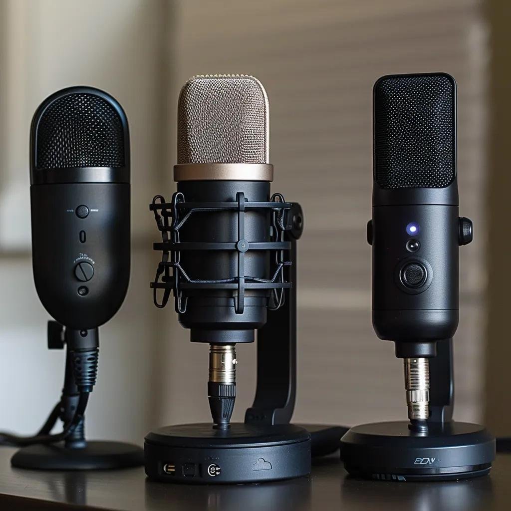 Different types of microphones for beginner podcasters including USB and XLR options